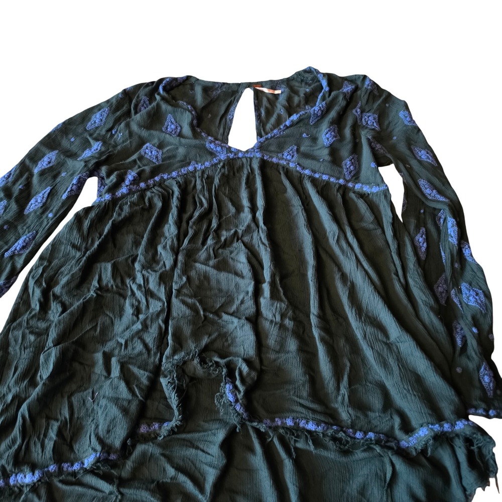 Free People Embroidered Gauze Tunic Top Green Blue Boho Peasant Large 14351